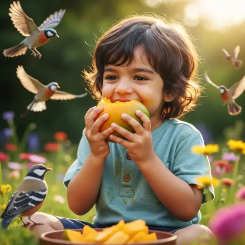 Joyful Indian Child Eating Ripe Mango - Sunny Summer Day