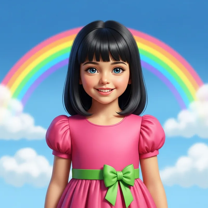 Create Image of Adorable Girl in Pink Dress with Black Hair Create Image of Adorable Girl in Pink Dress with Black Hair