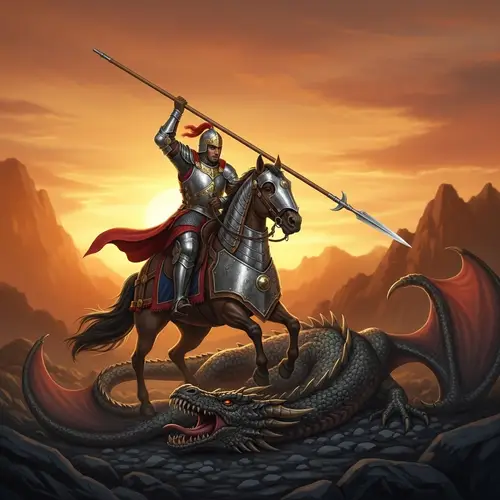 Epic Battle: South Asian Knight vs. Dragon in Mystical Landscape