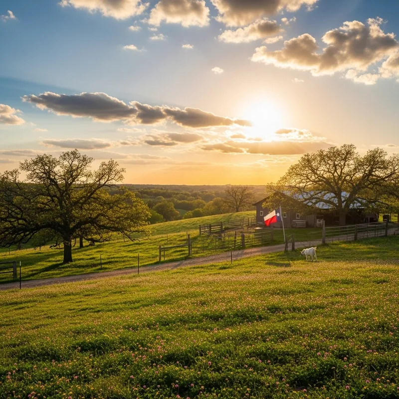 Warm Sunset Scene with Oak Trees, Texas Flag, and Grazing Goat