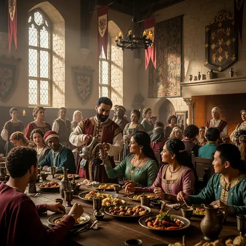 Medieval Castle Scene: Diverse Crowd and Wine-Filling Moment