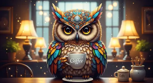 Fantastical Owl Sipping Coffee - Intricate Café Scene