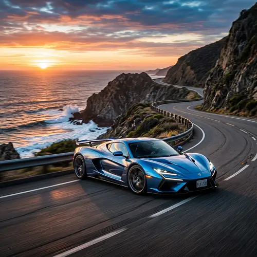 Futuristic Sports Car on Coastal Road at Sunset