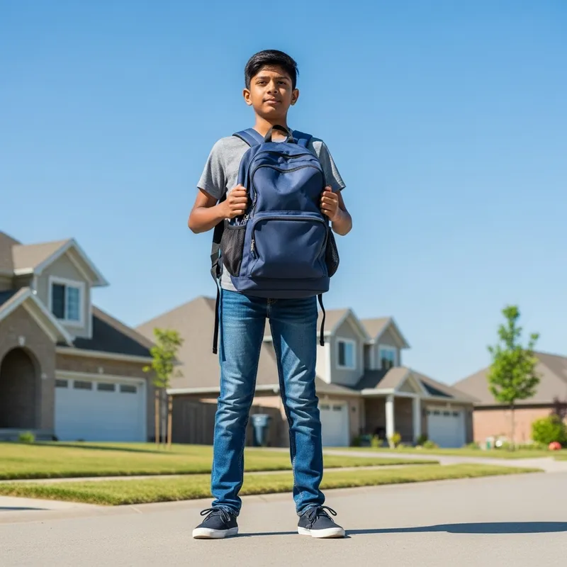 Confident South Asian Boy Standing Straight with Backpack