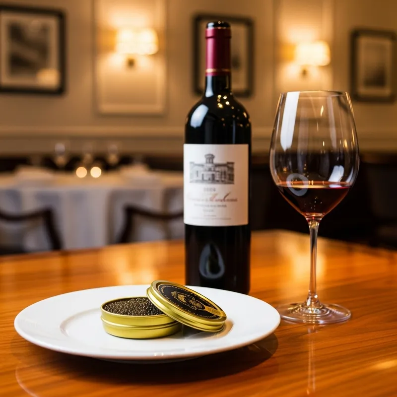 Luxury Black Caviar and Wine Presentation on White Plate