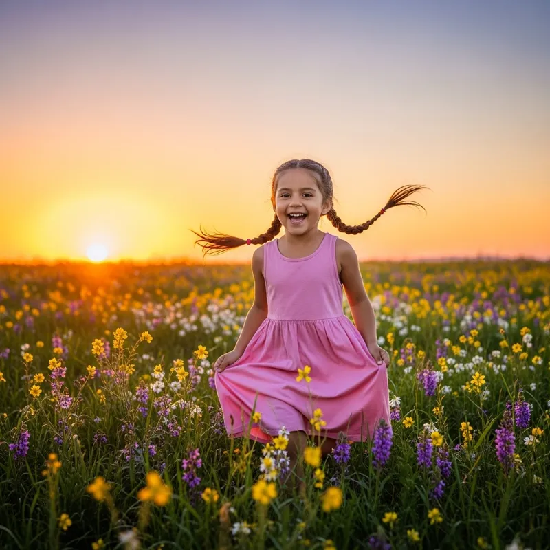 Perfect Girl Laughing in Blossoming Meadow
