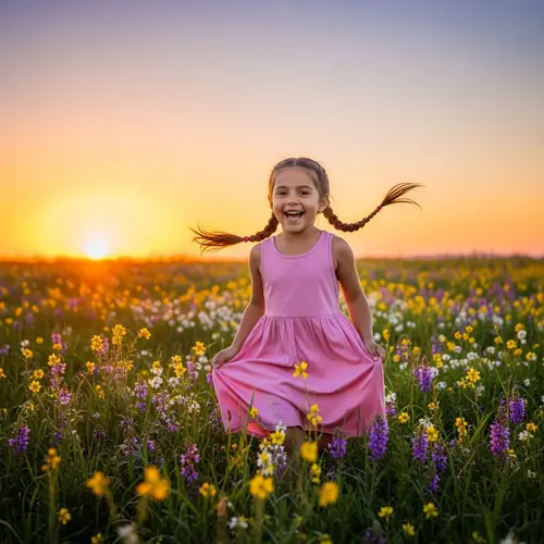 Young Hispanic Girl Laughing in Blossoming Meadow