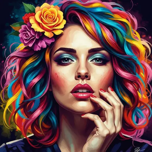 Vibrant Woman Portrait with Colorful Hair and Artistic Makeup