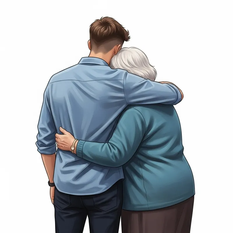 Sentimental Hug of Young Man and Grandma | Heartwarming Art