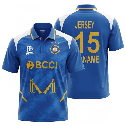 Official Indian Cricket Jersey - BCCI Logo, Blue & Gold Design