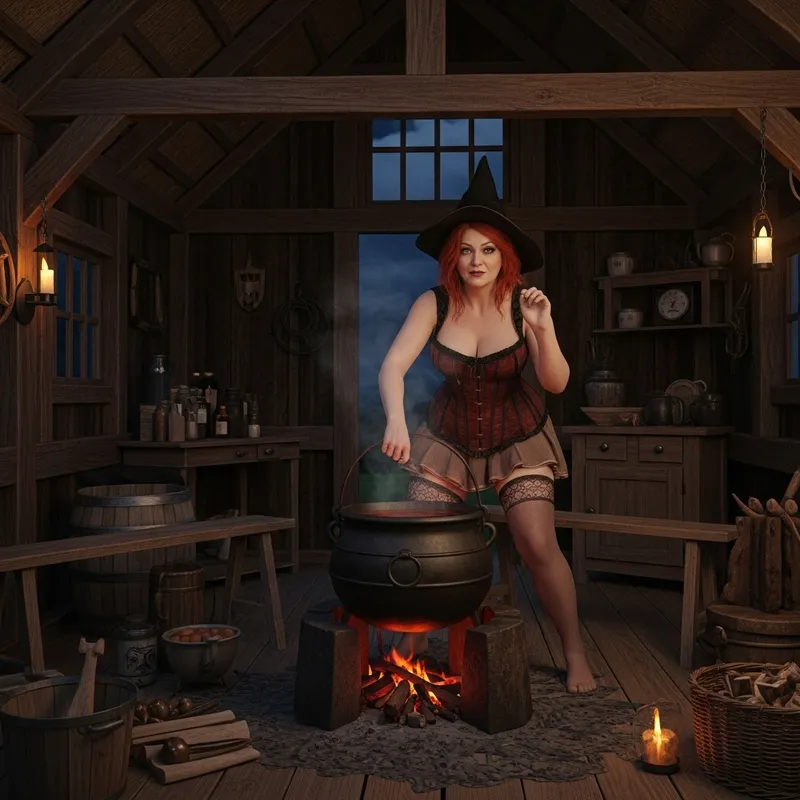 Vintage Witch in Redhead Granny Attire - Photo-realistic Night Scene