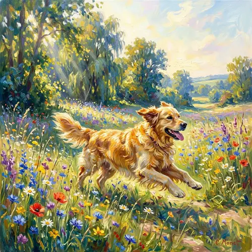 Golden Retriever Joy in Sunlit Meadow Art