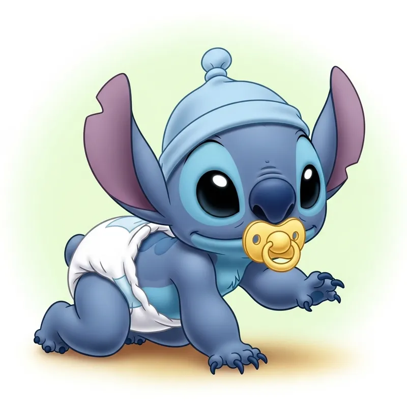 Baby Stitch Experiment 626 in Diapers and Pacifier, Newborn Baby Cap, Crawling at 1 Month Baby Stitch Experiment 626 in Diapers and Pacifier, Newborn Baby Cap, Crawling at 1 Month