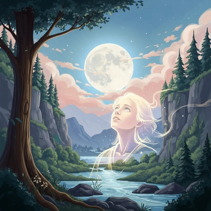 Enchanting Moonlit Landscape: Dreamy Illustration in Soft Hues