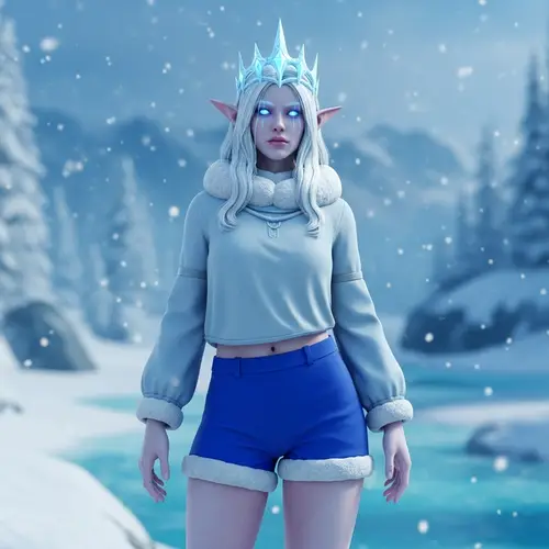 STALCRAFT Winter Character: Ethereal Female in Blue, Snowy Landscape