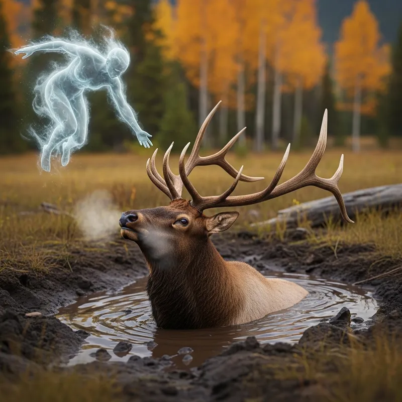Ethereal Mountain Spirit Rescues Majestic Elk in Autumn Mud Pit Ethereal Mountain Spirit Rescues Majestic Elk in Autumn Mud Pit
