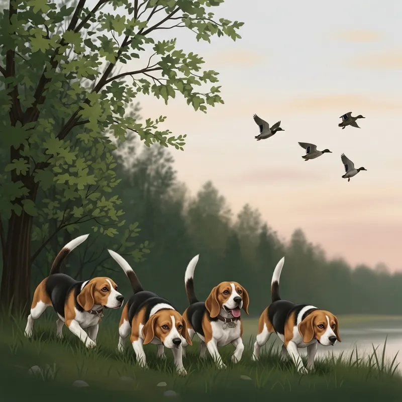 Beagle Dogs Hunting Ducks at Forest Edge - Scenic Traditional Hunting Scene