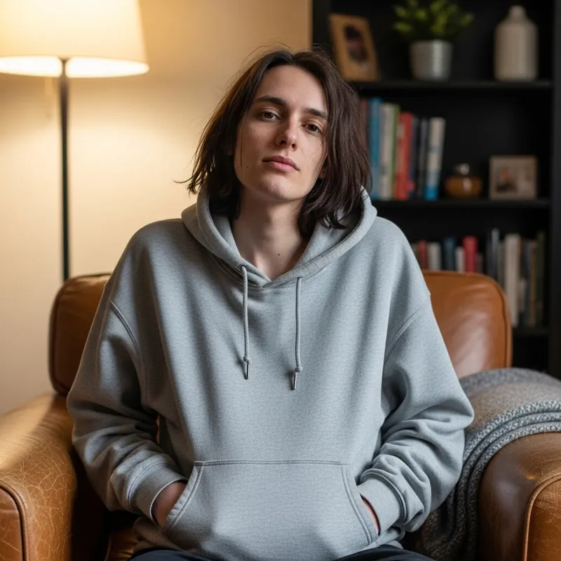 Relaxed Person with Decently Long Hair in Loose Hoodie