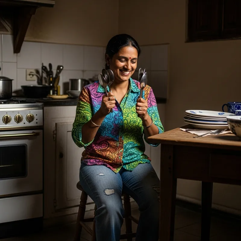 Mesmerizing South Asian Female Playing Spoons in Rustic Kitchen