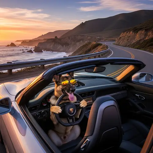 German Shepherd Driving Luxury Sports Car