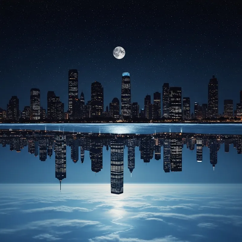 Dark Theme Upside-Down Urban Seascape: Night Sky, Cityscape, Ocean