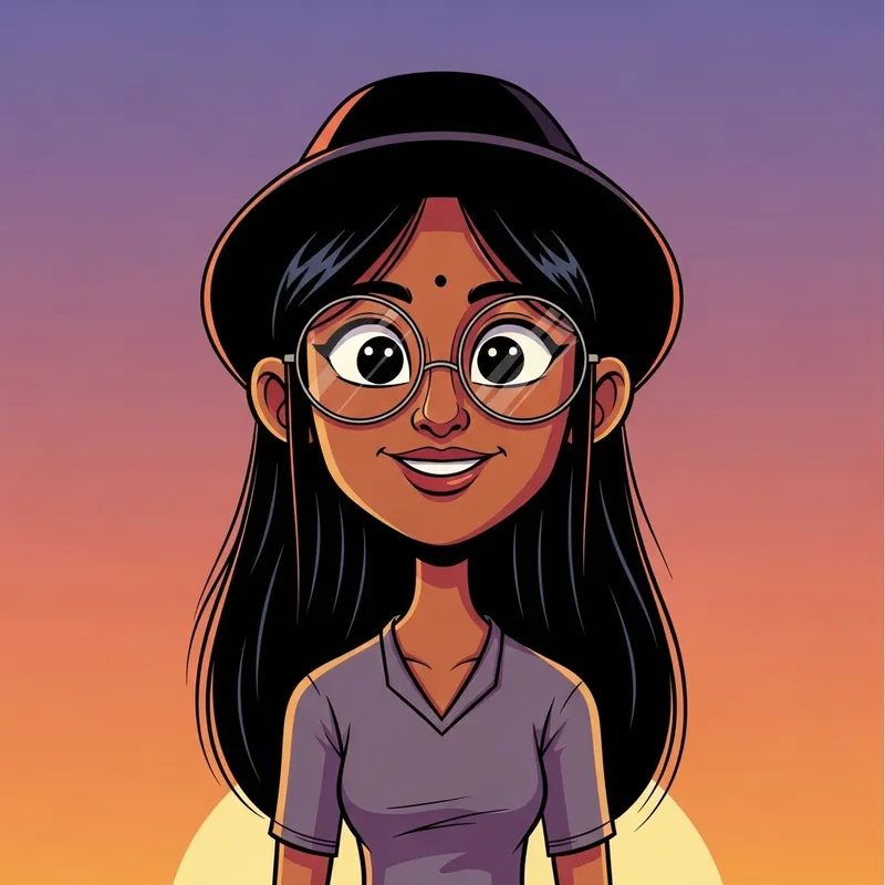 Joyful South Asian Female Cartoon Portrait in Vintage Style