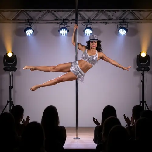 Hispanic Female Dancer in Stylish Hat Performing on Pole