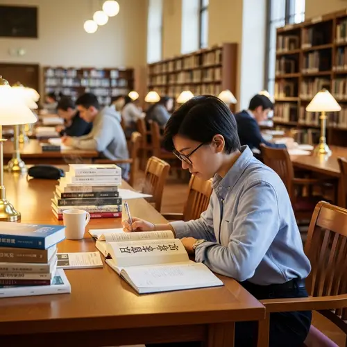 Japanese Literature Student Studying in Library