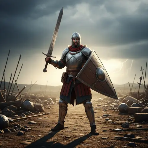 Resilient Armored Hispanic Warrior on Ancient Battleground