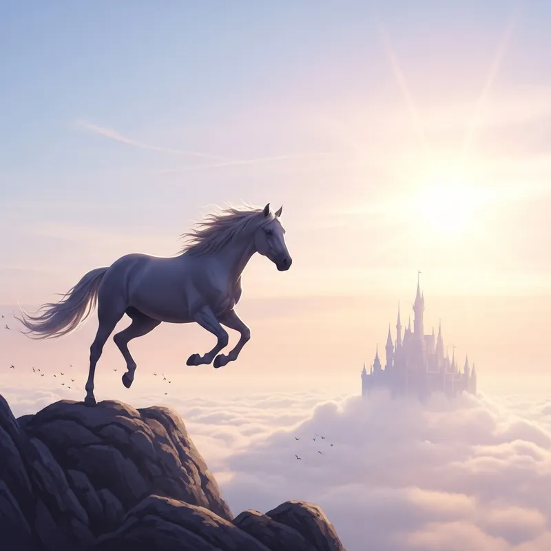 Majestic Horse Galloping Through Celestial Sky with Enchanted Castle Majestic Horse Galloping Through Celestial Sky with Enchanted Castle