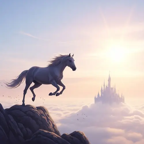Majestic Horse Soaring in Ethereal Sky with Dream-like Castle