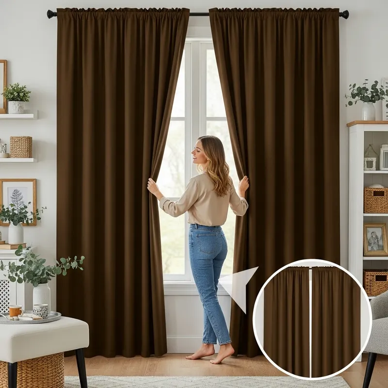 Inviting Scene of Woman Opening Rich Coffee-Colored Blackout Curtains Inviting Scene of Woman Opening Rich Coffee-Colored Blackout Curtains