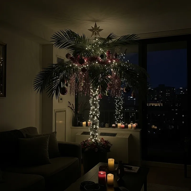 Dark Pre-New Year Apartment with Christmas Palm Tree Decoration Dark Pre-New Year Apartment with Christmas Palm Tree Decoration