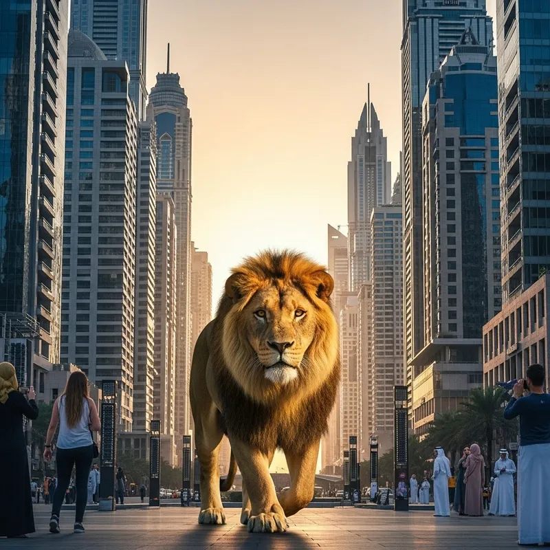 Majestic Lion Roaming Dubai Cityscape | Wildlife Art