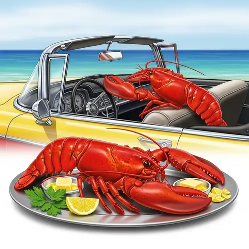 Vibrant Red Lobsters - Fresh Seafood Platter & Vintage Car Scene
