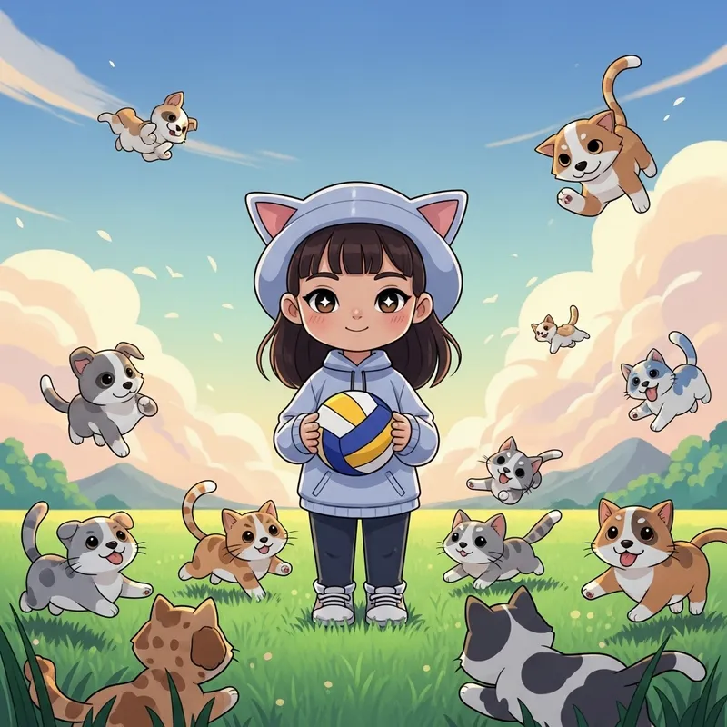 Whimsical Girl Character with Pets and Volleyball Sketch