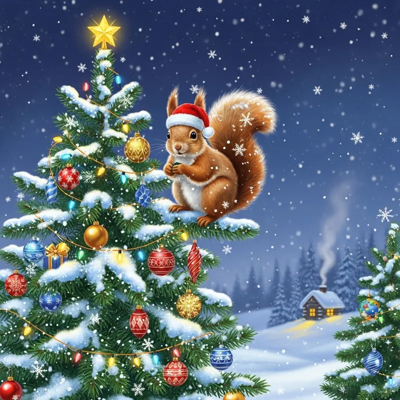 Christmas Squirrel and Festive Pine Tree Scene