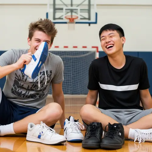Teen Boys Smelling Sneakers Playfully