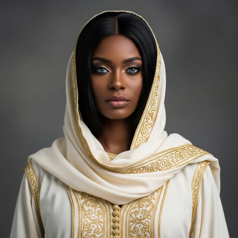 Beautiful Black Irish Woman in Ivory Greek Robe