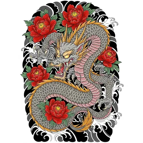 Japanese Dragon Tattoo with Red Peonies