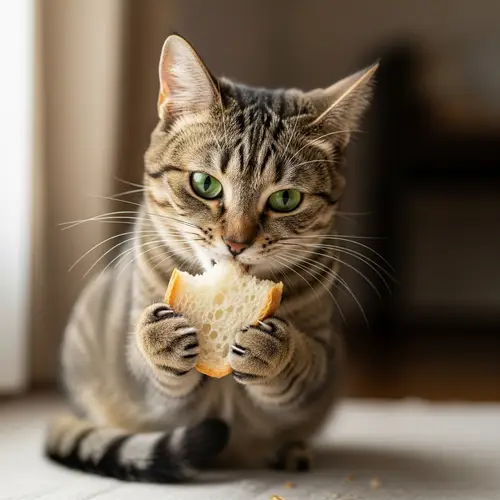 Charming Cat Enjoying Bread in a Cozy Setting