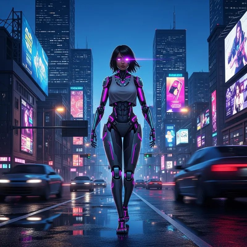 Anime Cyborg Girl Walking in City at Night | Futuristic Art