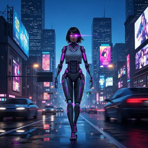 Cyborg Girl Walking in Futuristic City | Anime-Inspired Art
