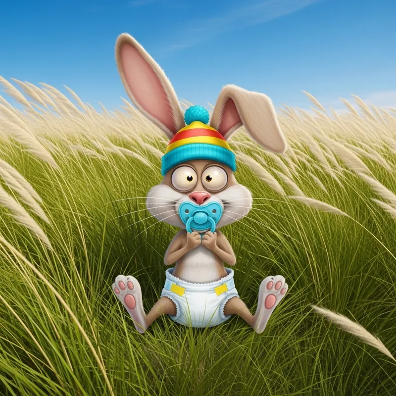 Animated Baby Rabbit in Colorful Diaper, Hat & Pacifier on Pampas Grassland
