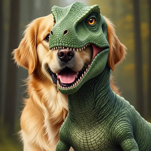 Golden Retriever and Green Dinosaur Hybrid Creature
