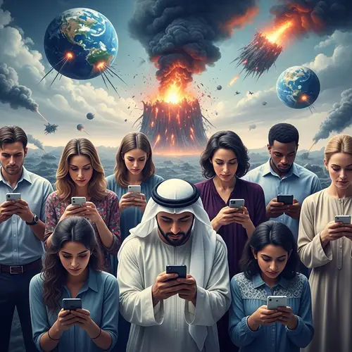 Dystopian Images: People Lost in Phones Amidst Global Destruction