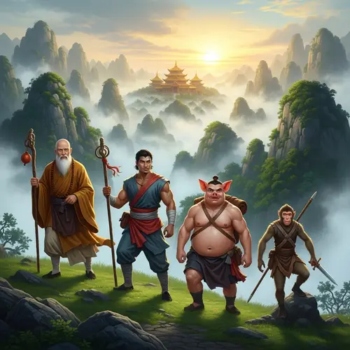 Captivating Journey to the West: Lush Landscapes & Distant Temple