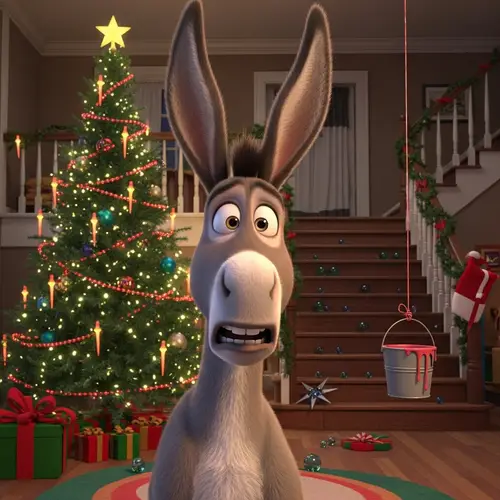 Funny Cartoon Donkey in Festive Christmas Home Setting