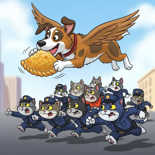 Flying Dog Comic: Hilarious Cat Police Chase in Cityscape