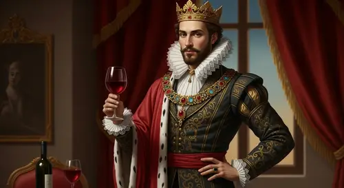 Regal Figure with Red Wine in Luxurious Setting - Classical Oil Painting Style